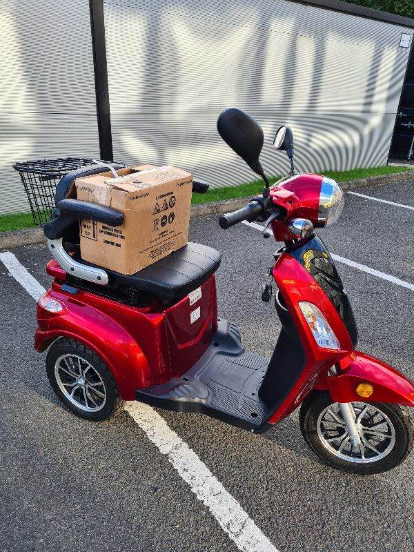 Green power can deliver Red 3-Wheel Mobility Scooter with Rear Basket