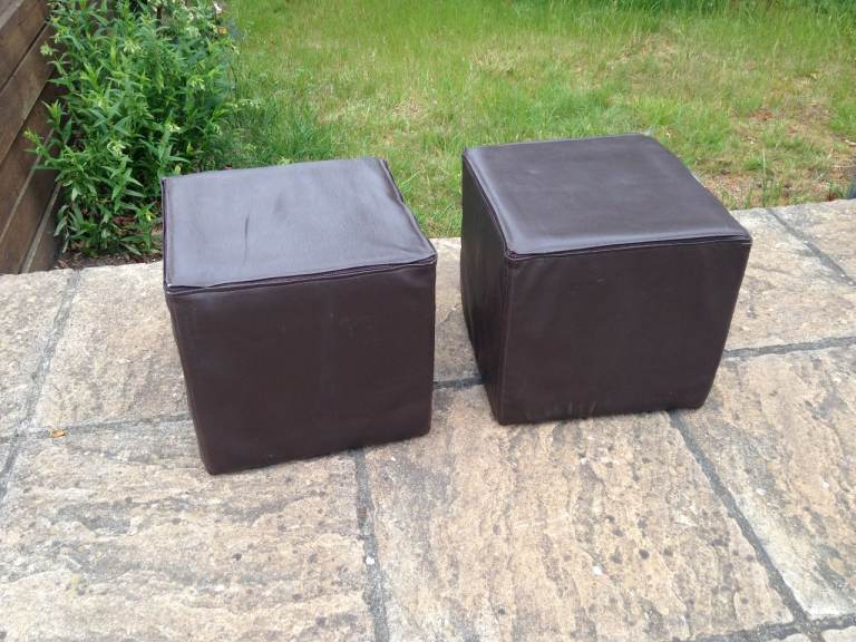 Footstools cubes seat faux brown leather pair of Stool pouffe cube x 2