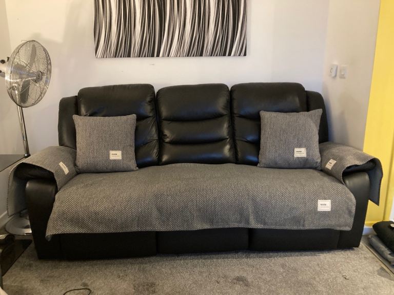 Black Leather Recliner Sofa with Footstool – Good Condition