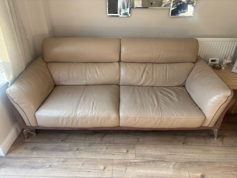 2x Three-Seater Leather Sofa - Beige with Brown Accents, Good Condition