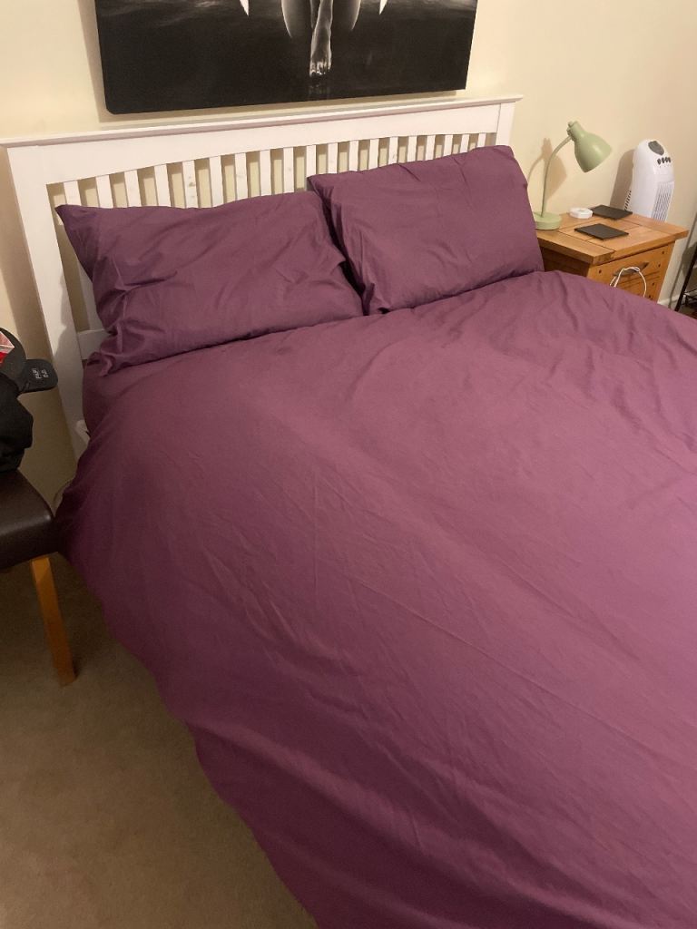 image for White wooden double bed with wooden slats