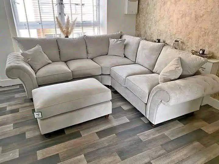 New Light Grey Fabric Corner Sofa with Matching Ottoman