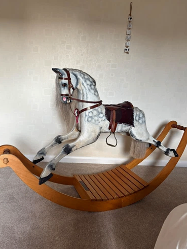 Large Vintage Classic Wooden Rocking Horse Toy Dapple Grey with Saddle & Bridle