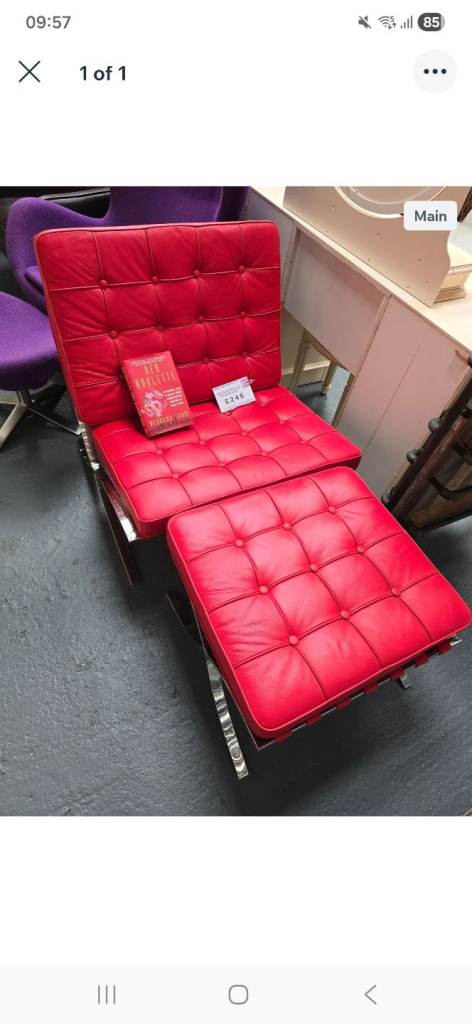 Barcelona red leather chair with matching foot stool 
