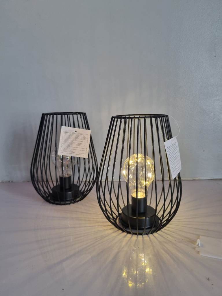 Trirocks 2 Metal Caged Industrial Modern Lamps Battery Operated With Fairy Light bulbs - Black.