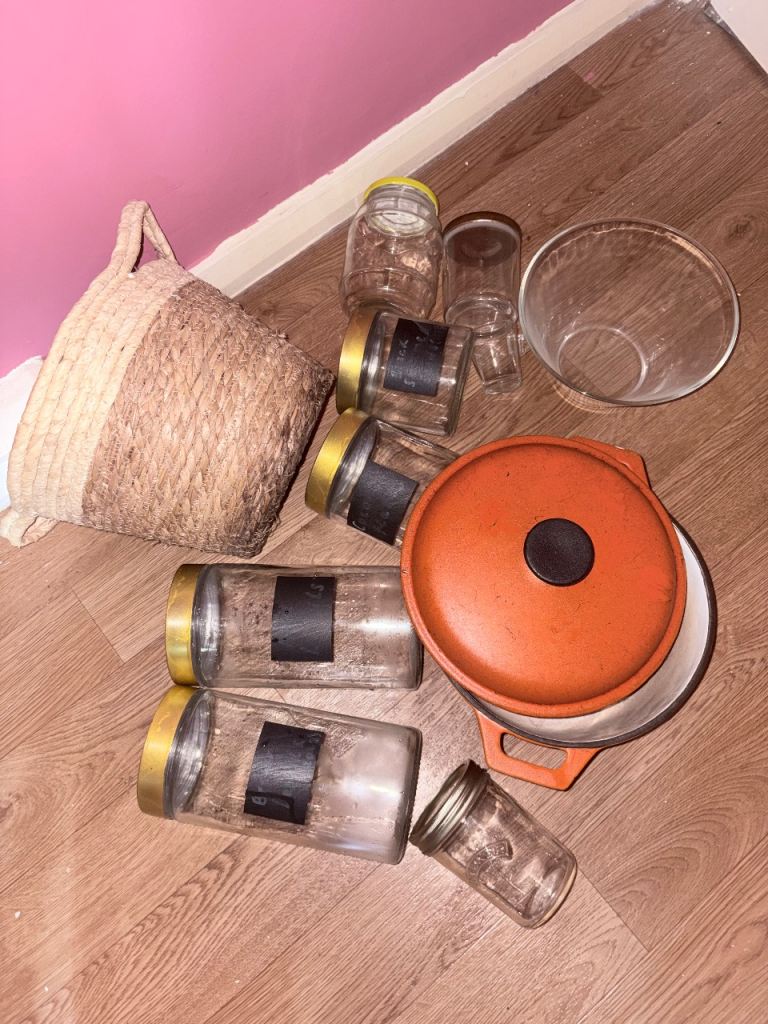 Glass storage jars, cast iron casserole dish, plant pot 