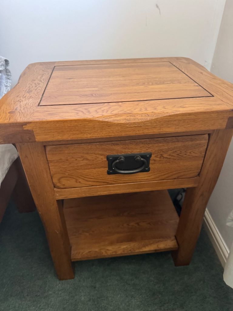 Solid Oak Bedside Table with Drawer and Shelf