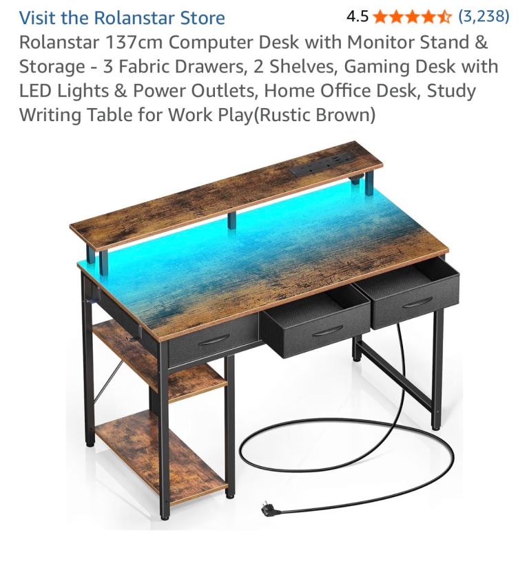 Rolanstar 137cm Computer Desk with Monitor Stand & RGB LED Lights
