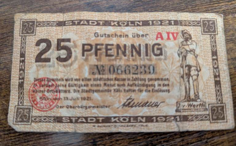Rare Germany Emergency Banknote Paper Money Value = 25 Pfennig : Stadt Koln 1921