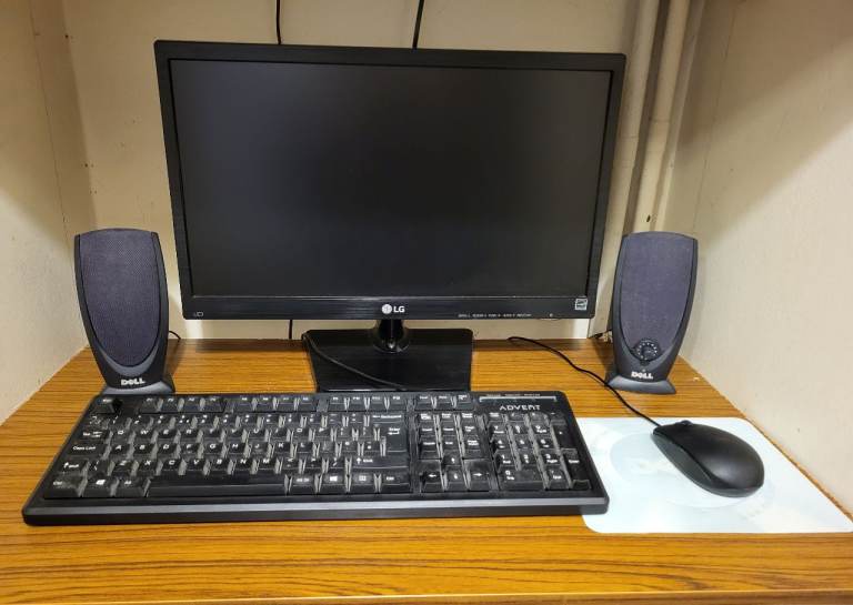 LG Monitor,  Dell speakers, Advent Keyboard. 
