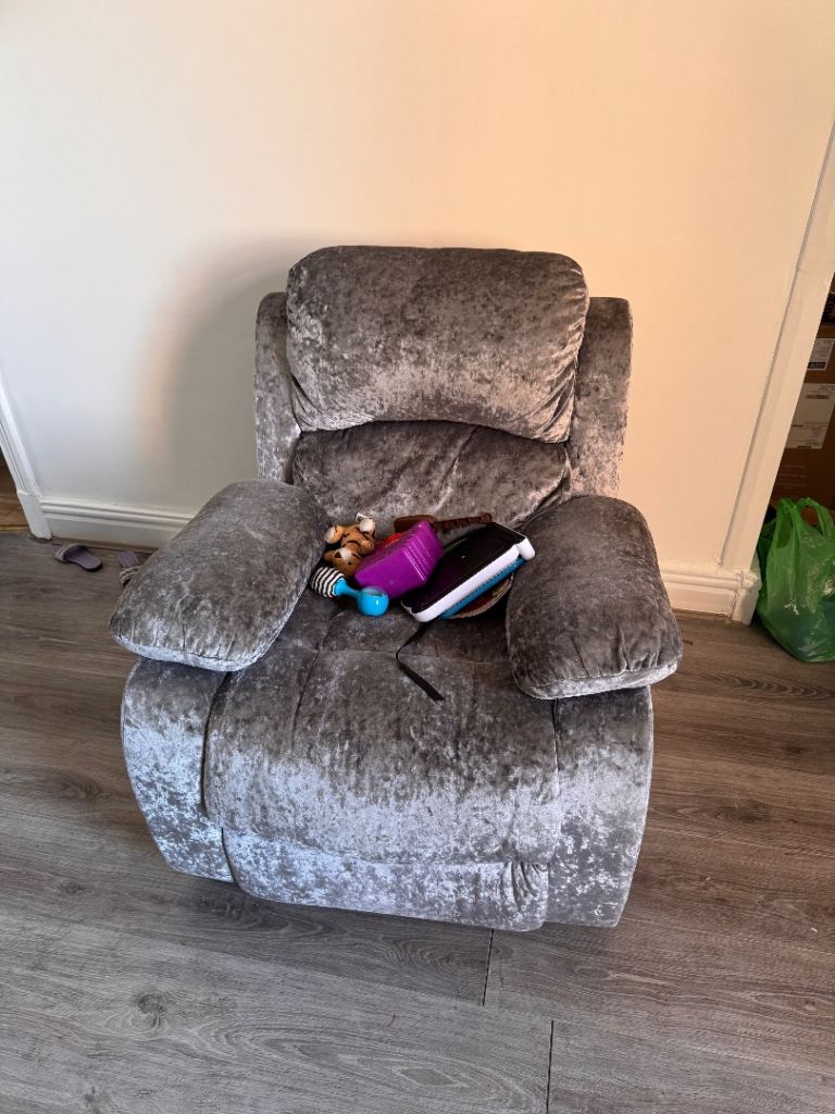 Grey Velvet Recliner Armchair – Fair Condition