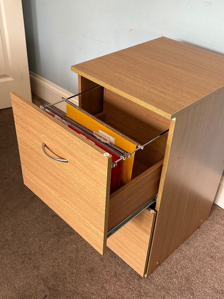 Beech Effect 2 Drawer Filing Cabinet curved handles H30in/75cm W16in/41cm D19in/48cm  D060