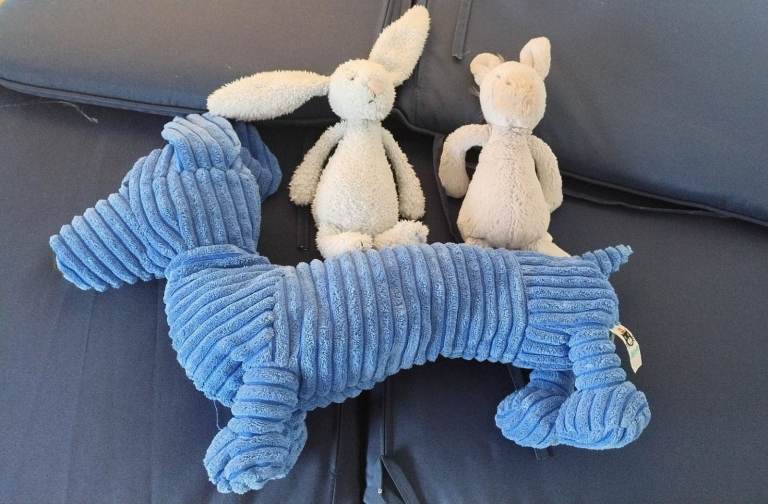 Jellycat soft toy bundle, Cordy Roy Sausage Dog Blue, Blue Bashful Bunny, Medium Bashful Donkey  
