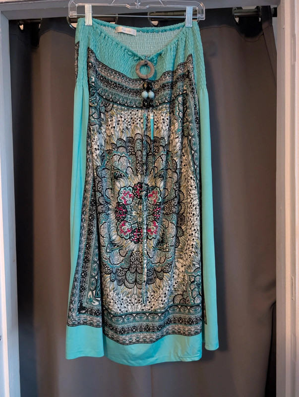 Fra-ita Turquoise Boho Paisley Mandala Beaded Maxi Skirt / Strapless Dress