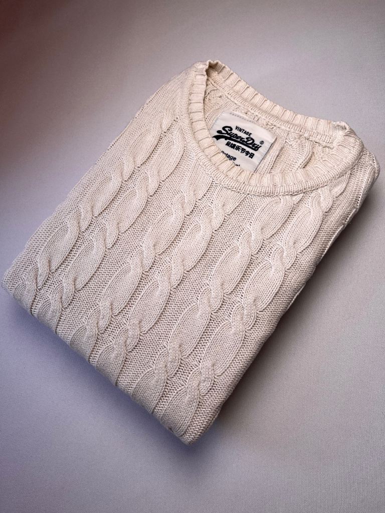 Superdry Cream Cable Knit Jumper Crew Neck Cotton Sweater Men’s L [806G]