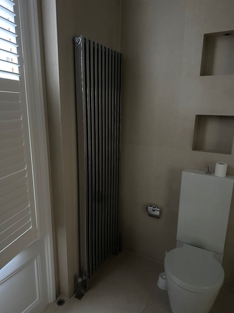 Two Reina Nerox vertical radiators 1 polished stainless steel and the other one is white 