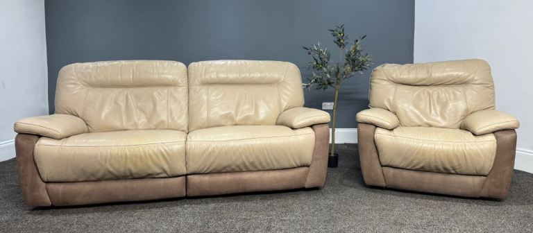 SCS Two Tone biscuit Leather & Brown Suede Fabric Power Recliner 3 Seater Sofa & Armchair  £395 
