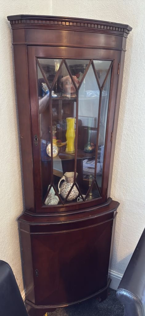 Vintage corner unit glass display shelving cabinet 