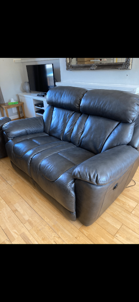 Two 2 Seater Leather Power Recliner Sofas - Charcoal Grey