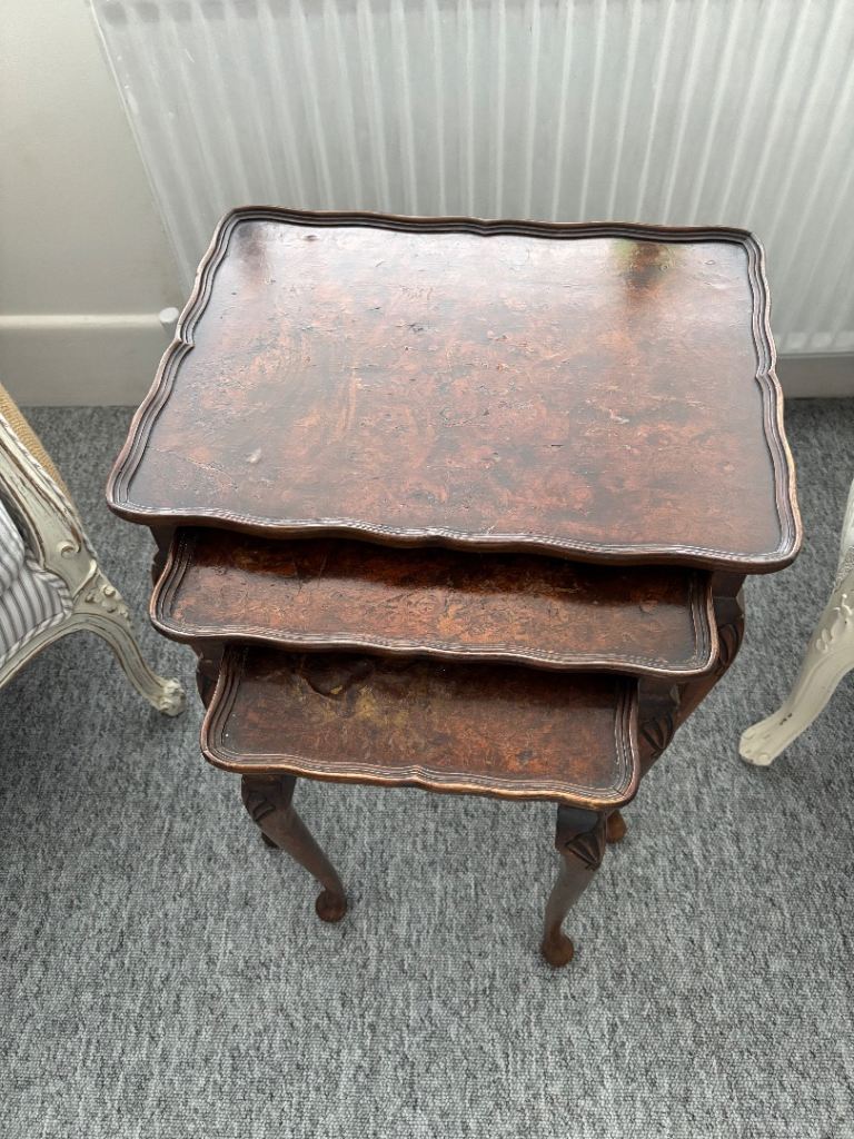 Burr walnut nest of 3 tables