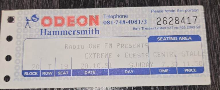 extreme odeon hammersmith 20 oct 1991 radio one concert ticket