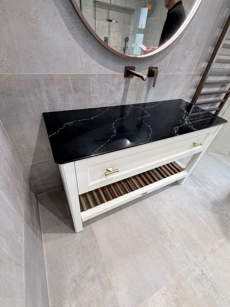 Roseberry Bathroom Vanity Unit with Black Marble Top and Tall Cabinet