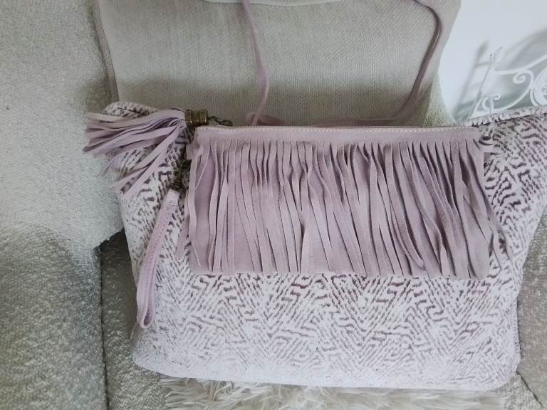 Shoulder Bag In Pretty Heather Pink Suede with Fringing Detail – Brand New 