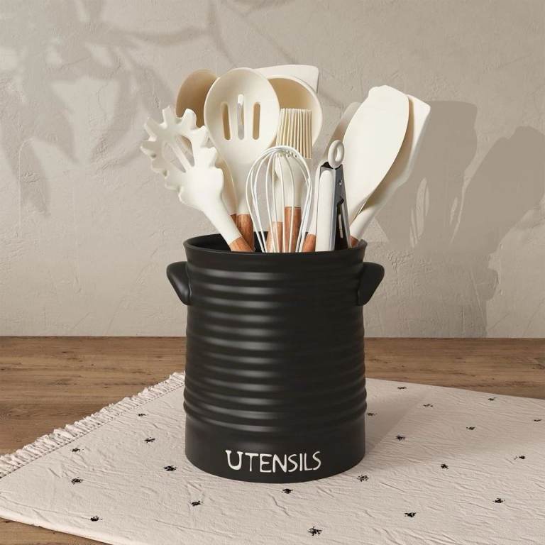 Kitchen Utensil Holder Ceramic Crock with Cork Mat and Handles Matte Black 6.4"