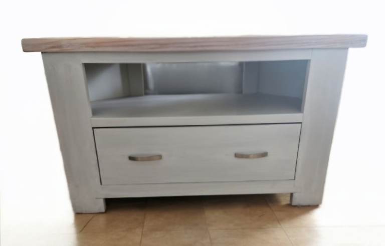 Solid Oak Top TV Unit with Grey Finish & Storage Drawer