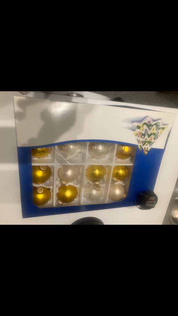 Box of Christmas decorations