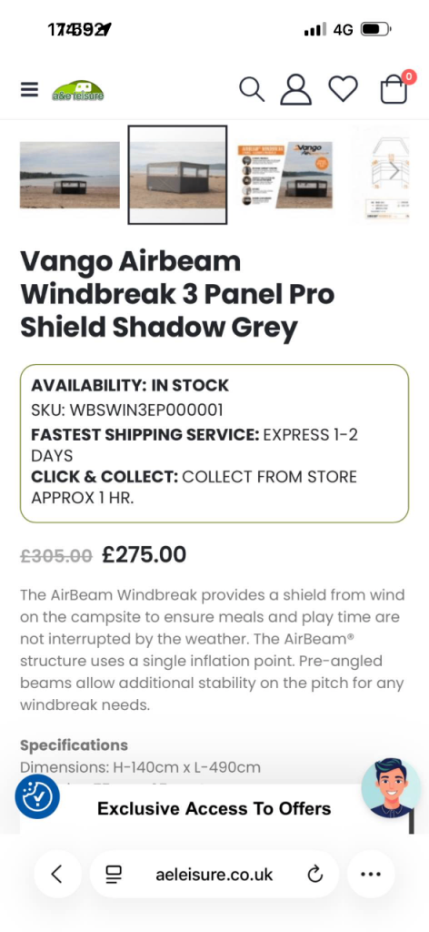 Vango AirBeam Windbreak Elements ProShield - 3 Panel 