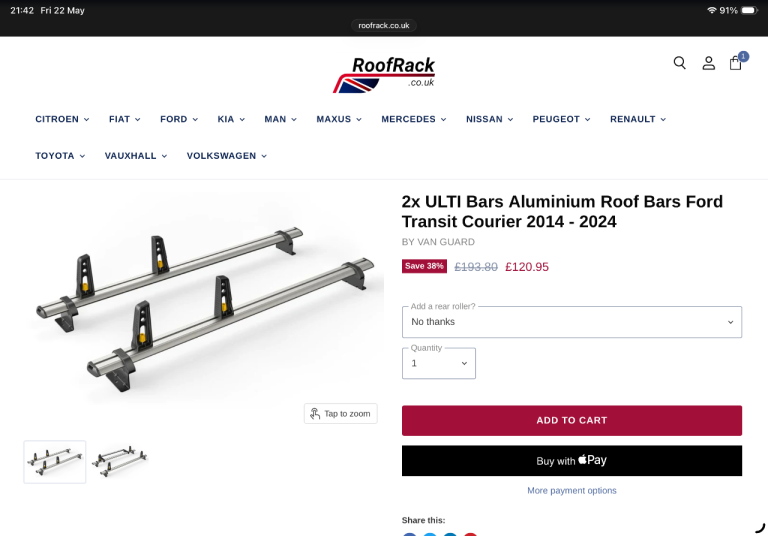 2x Vanguard ULTI Bar+ Aluminium Roof Bars – Ford Transit Courier (2014–2024)