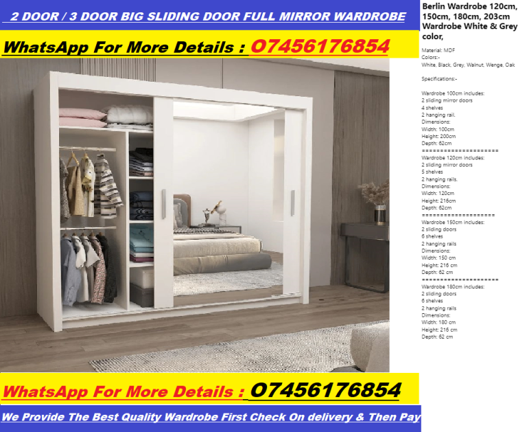 Quality Brand! Full Mirror Sliding Wardrobe - Chicago Wardrobe - Milan Wardrobe- Berlin Wardrobe
