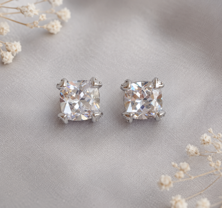 Cushion CZ Stud Earrings Silver Plated Minimalist Jewellery Gift for Her Everyday Bridal Wedding UK
