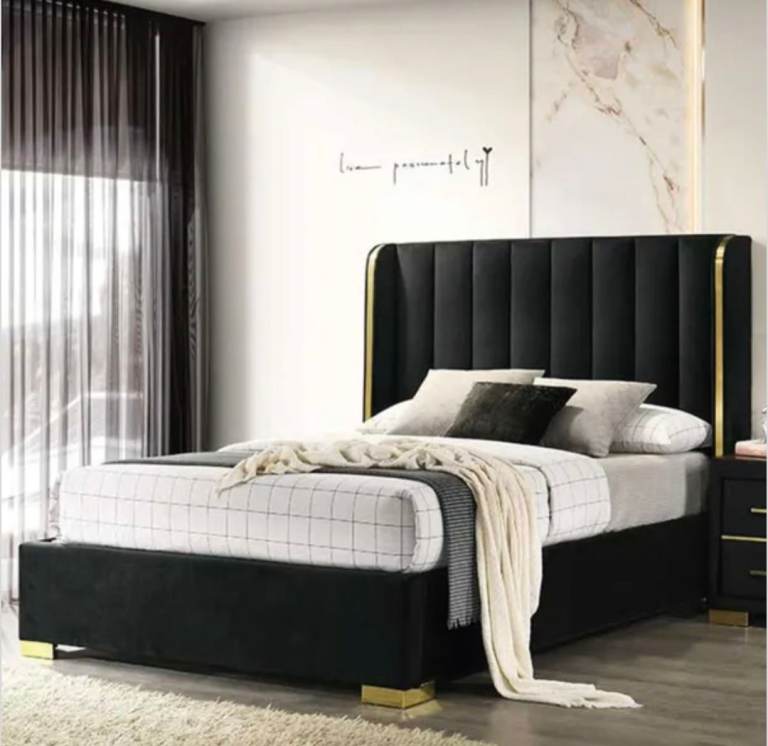 Dunelm Pheonix Black Velvet & Gold Double Bed
