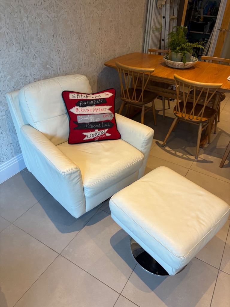 Designer Cream Leather Armchair and Footstool – Swivel Base