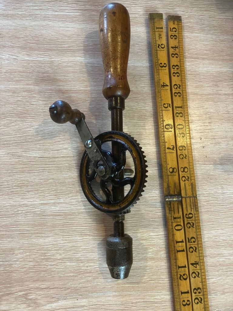 Vintage Hand Drill with Wooden Handle – Good Condition