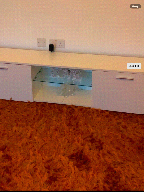 White TV Unit with Storage and Glass Shelf – Good Condition