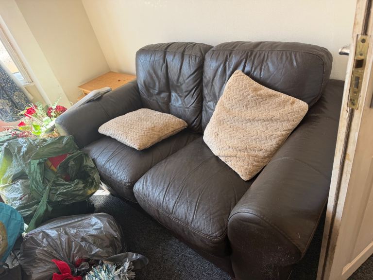 Brown Leather Two-Seater Sofa and three seater  – Good Condition