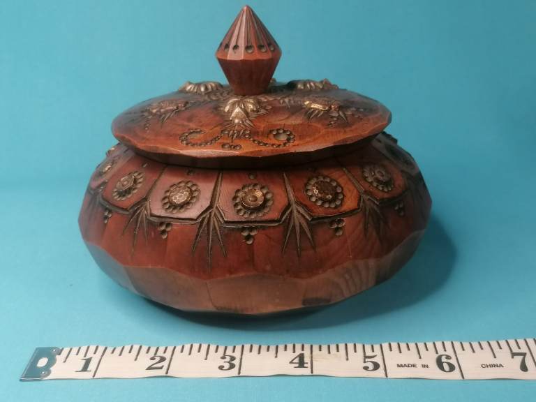 Vintage, Antique French Art Deco Brass, metal, Studded Wooden Trinket Box, Retro  1930s. 