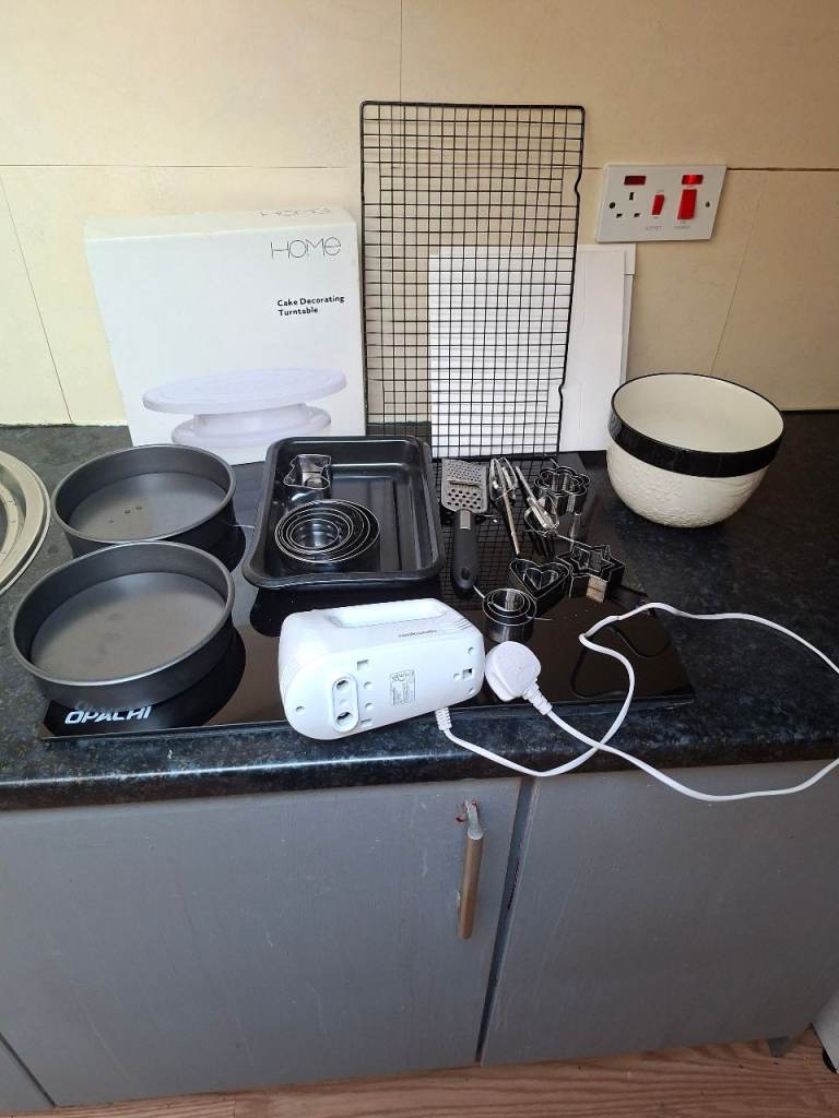  Lot: Baking Gear, Cake Tins, Cooling Rack, Mixer & More