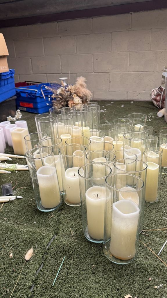 Large glass hurricane glasses and candles wedding events 40x 