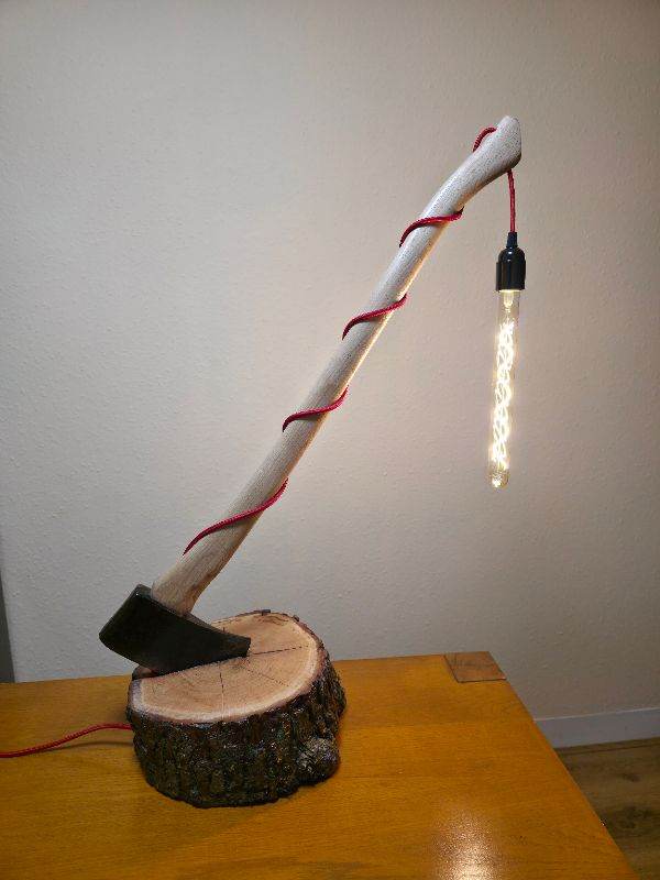 Handcrafted Rustic Oak Table Lamp. Vintage Axe Solid Wood Nature 