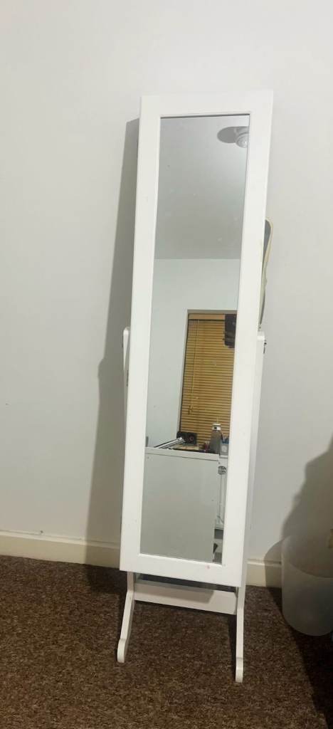 White Jewellery Cabinet with Full-Length Mirror – Good Condition
