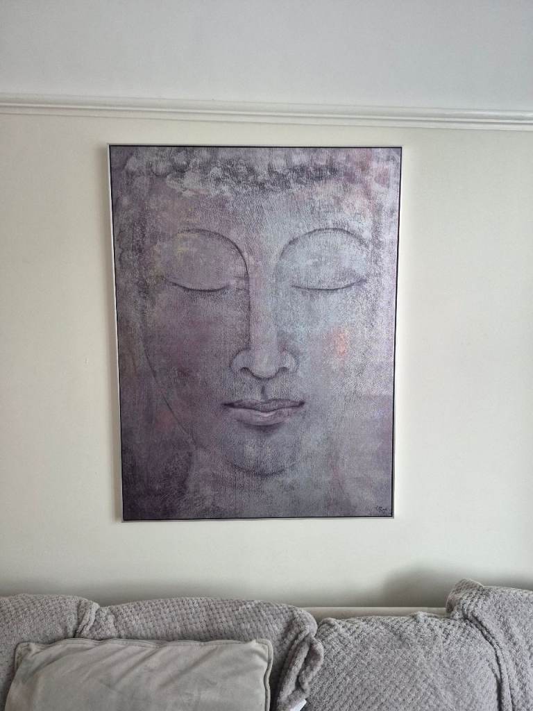 Large Buddha Face Canvas Wall Art – Grey, excellent condition 