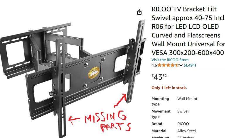  Ricoo TV bracket 40-75 inch tilt swivel. Heavy duty