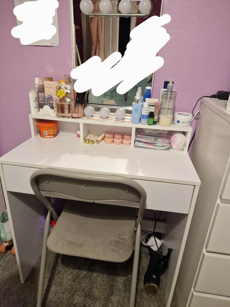 Dressing table, mirror and chair