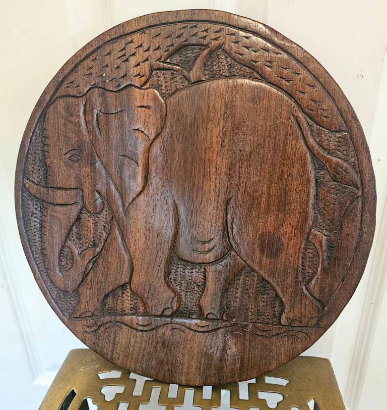 Vintage wooden charger plate with double sided animal carvings Elephant & Rhinos