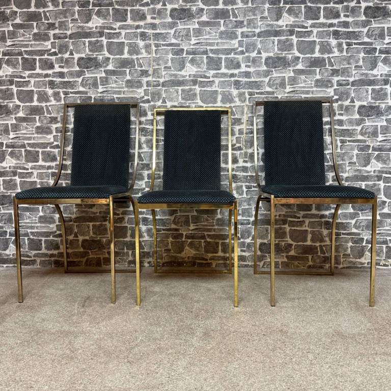 Set of 3 Vintage Brass Frame Dining Chairs – Matching Set