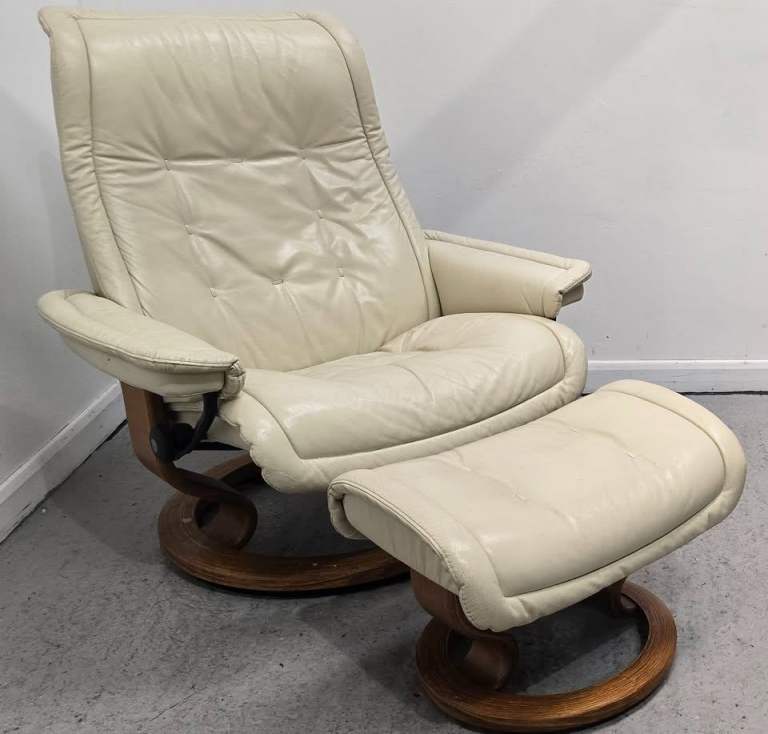 image for Ekornes Stressless Recliner Swivel Leather Chair & Footstool Cream 1303251